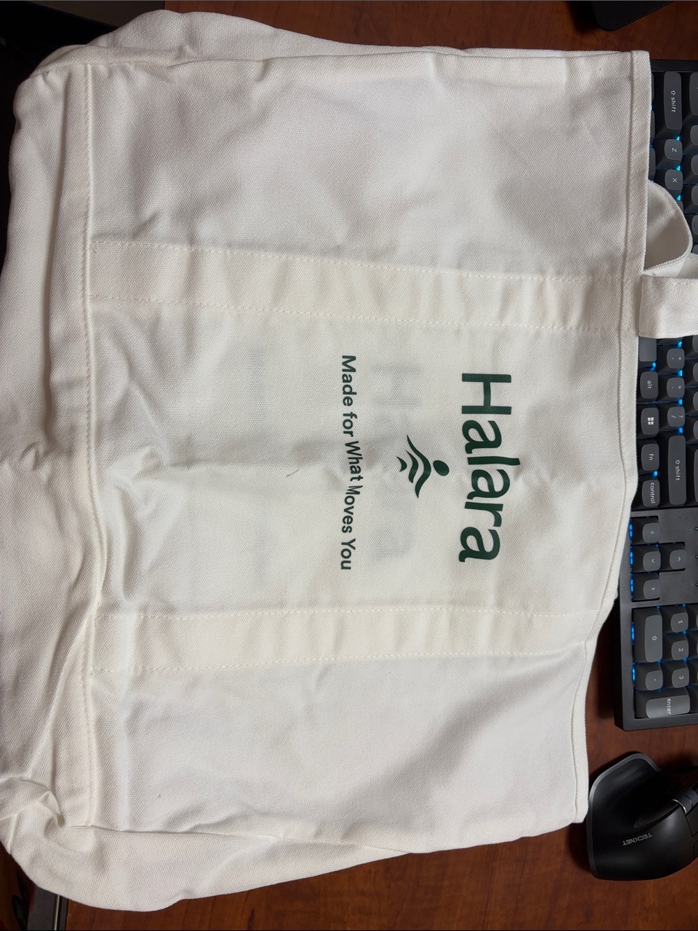 Halara Canvas Tote Bag in White with Green Logo